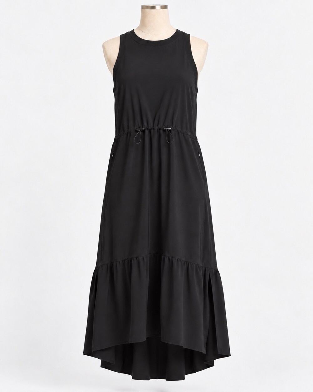 Zella Pursuit Tiered Midi Dress Small Black Racerback Pockets Hi Low Lightweight